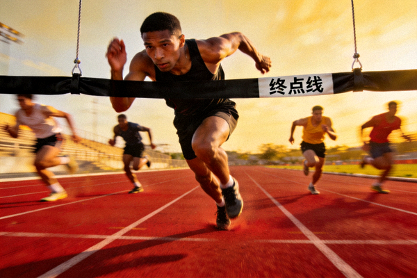 田径百米冲刺终点瞬间 - 短跑运动员在赛道上全力冲刺，即将冲过终点线的激动时刻