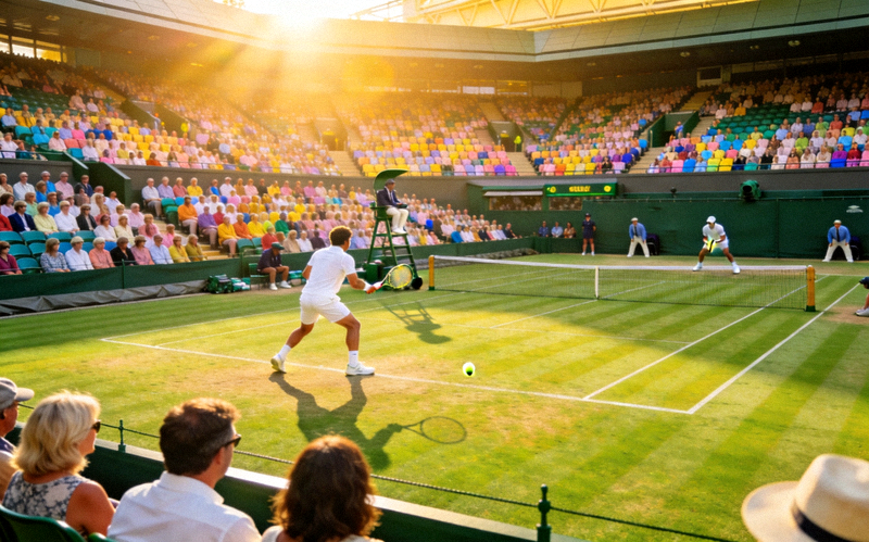 温布尔登网球锦标赛中央球场 - 经典的绿色草地与白色着装规定，观众在看台上观看比赛